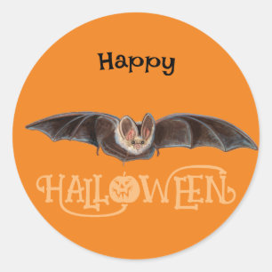 Adesivo Redondo Ilustração de Morcego Pipistrellus Feliz Halloween