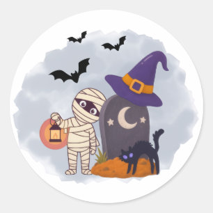 Adesivo Redondo Ilustração de Múmia e Gata Preta Bruxa de Hallowee