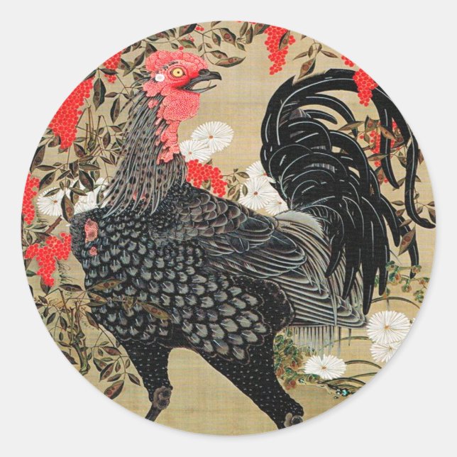 Adesivo Redondo Ilustração de Nandina e Rooster de Ito Jakuchu (Frente)