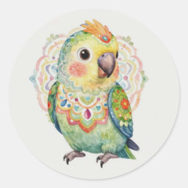 Adesivo Redondo Ilustração de Papagaio de Arte Popular Decorativa