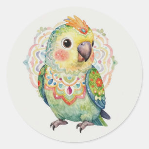 Adesivo Redondo Ilustração de Papagaio de Arte Popular Decorativa