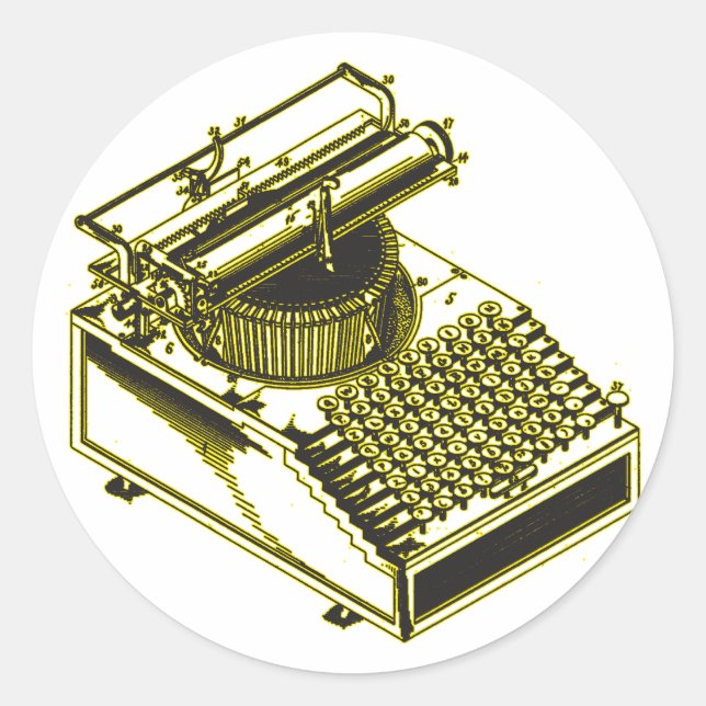 Adesivo Redondo Ilustração de Patente de Máquina de Escrevendo de  (Frente)