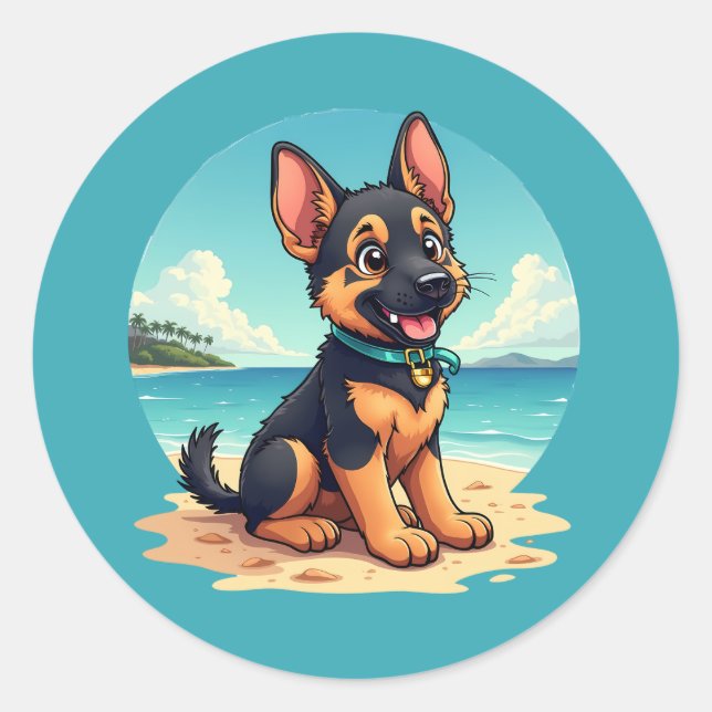 Adesivo Redondo Ilustração de praia de papoila de German shepherd  (Frente)