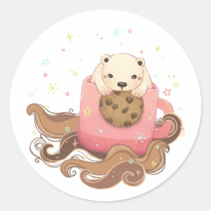 Adesivo Redondo Ilustração de Quebra de Café e Cookie do Urso Pola