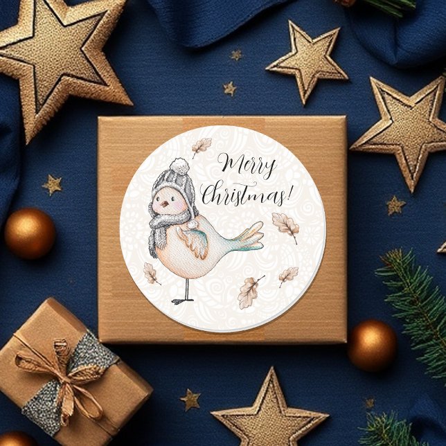 Adesivo Redondo Ilustração de Sparrow em Cuta de Inverno (Criador carregado)