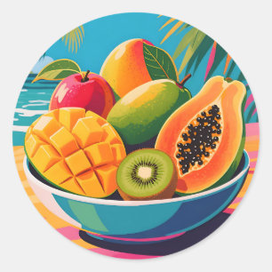 Adesivo Redondo Ilustração de Tigela de Frutas Tropicais