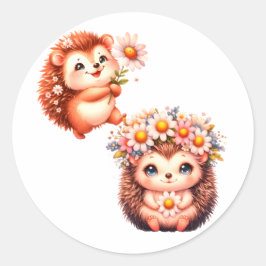 Adesivo Redondo Ilustração de um fofo casal de ouriços florais rom