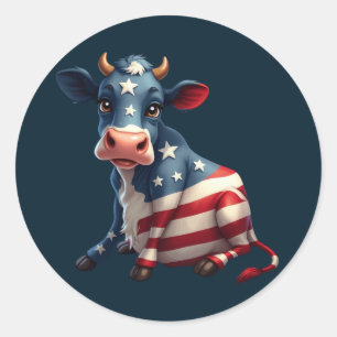 Adesivo Redondo Ilustração de Vaca de Bandeira Americana Patriótic