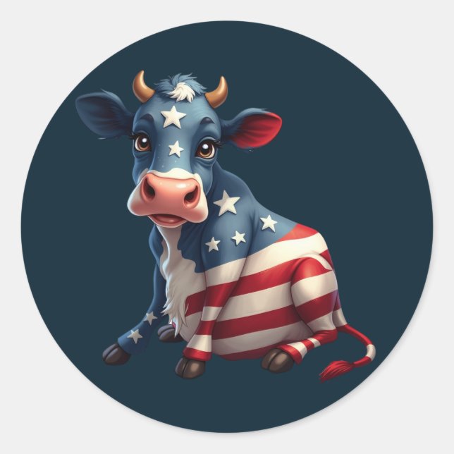 Adesivo Redondo Ilustração de Vaca de Bandeira Americana Patriótic (Frente)