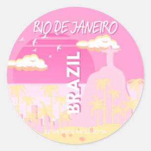Adesivo Redondo Ilustração de Viagem de Arte Rosa do Rio de Janeir