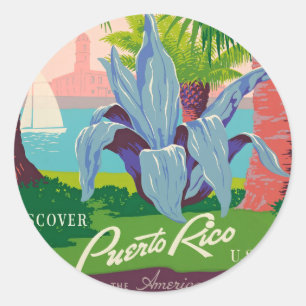 Adesivo Redondo Ilustração de Viagem de Arte Vintage Porto Rico