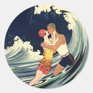 Adesivo Redondo Ilustração de Vintage dos Surfer Lovers Kissing