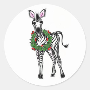 Adesivo Redondo Ilustração de Zebra Festiva Foliday, Holly Wreath