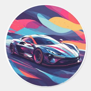 Adesivo Redondo Ilustração Dinâmica de Carro Esportivo Futurista