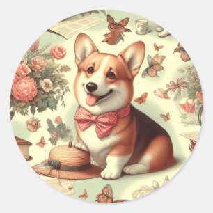 Adesivo Redondo Ilustração do Cardião Vintage Welsh Corgi