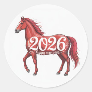 Adesivo Redondo Ilustração do Cavalo Vermelho da Placa Feliz ano n