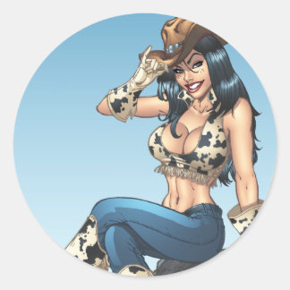 Adesivo Redondo Ilustração Do Chapéu Da Cowboy Dando Uma Vaca