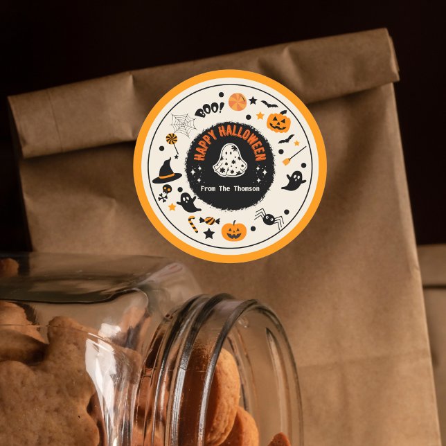 Adesivo Redondo Ilustração do Dia das Bruxas de Laranja Gelado e G (Criador carregado)