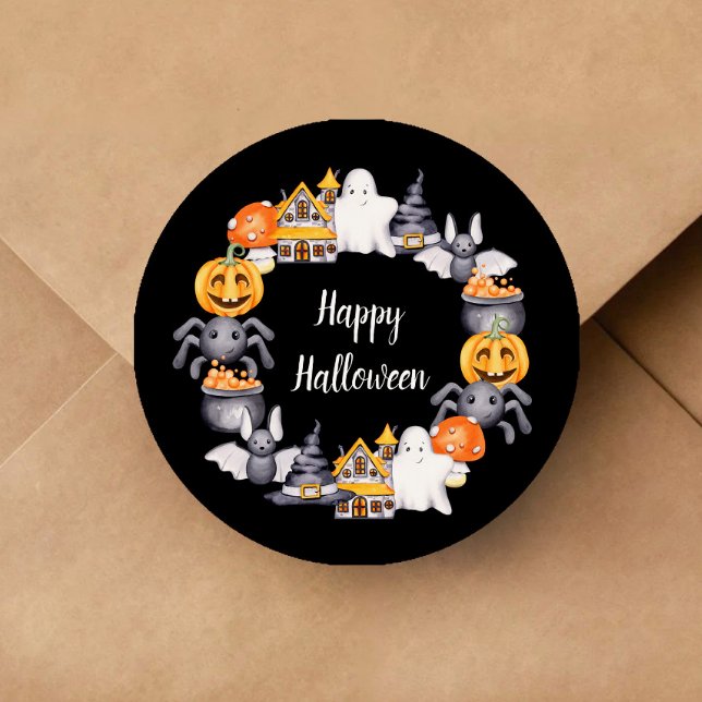 Adesivo Redondo Ilustração do Feliz Dia das Bruxas de Preto Bonito (Cute Black Happy Halloween Illustration Classic Round Sticker)