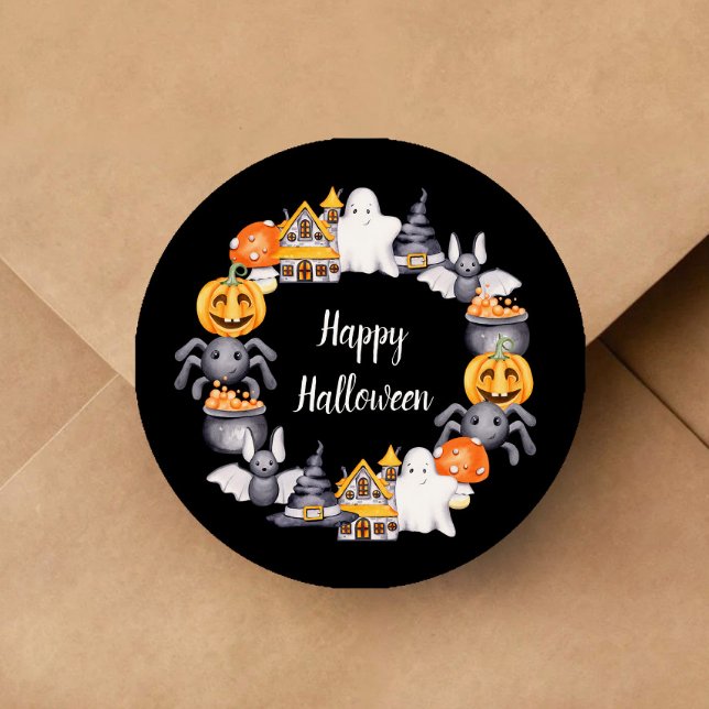 Adesivo Redondo Ilustração do Feliz Dia das Bruxas de Preto Bonito (Cute Black Happy Halloween Illustration Classic Round Sticker)