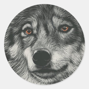 Adesivo Redondo Ilustração do lobo preto e branco
