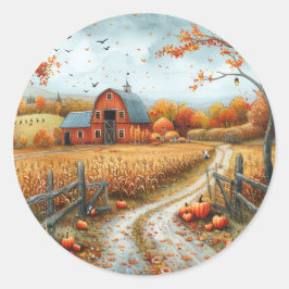 Adesivo Redondo Ilustração do outono da Rustic Red Barn