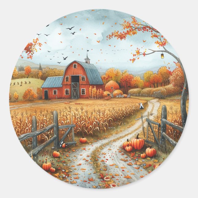 Adesivo Redondo Ilustração do outono da Rustic Red Barn (Frente)