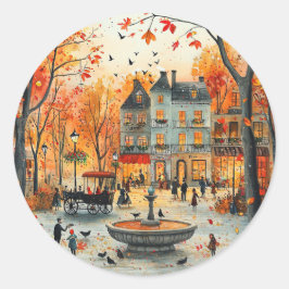 Adesivo Redondo Ilustração do outono do Parque de Fonte Vintage