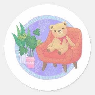 Adesivo Redondo Ilustração do Urso de Teddy e Mobiliário