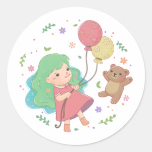Adesivo Redondo Ilustração do Urso de Teddy e Rapariga