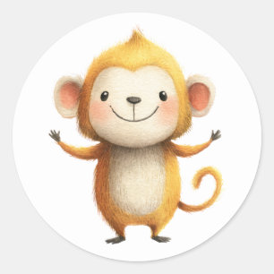 Adesivo Redondo Ilustração em Aquarela de Macaco Fofo Minimalista