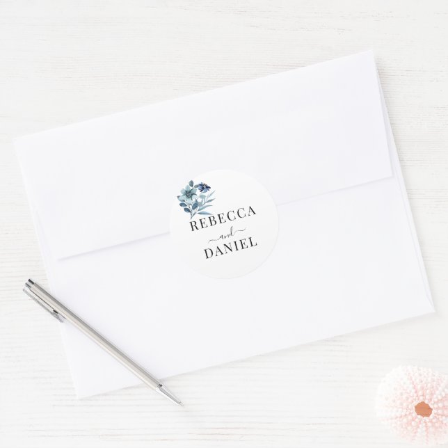 Adesivo Redondo ilustração em aquarela rústica buquê floral azul (Envelope)