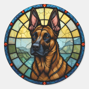Adesivo Redondo Ilustração em Estilo de Vitral do Malinois Belga