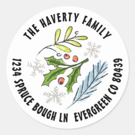 Adesivo Redondo Ilustração Esboçada Blue Spruce Férias de Inverno