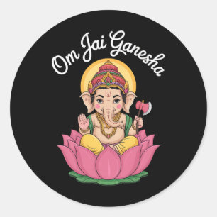 Adesivo Redondo Ilustração Espiritual Ganesha Lótus Om Jai Dizendo