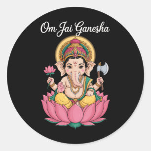 Adesivo Redondo Ilustração Espiritual Ganesha Lótus Om Jai Dizendo