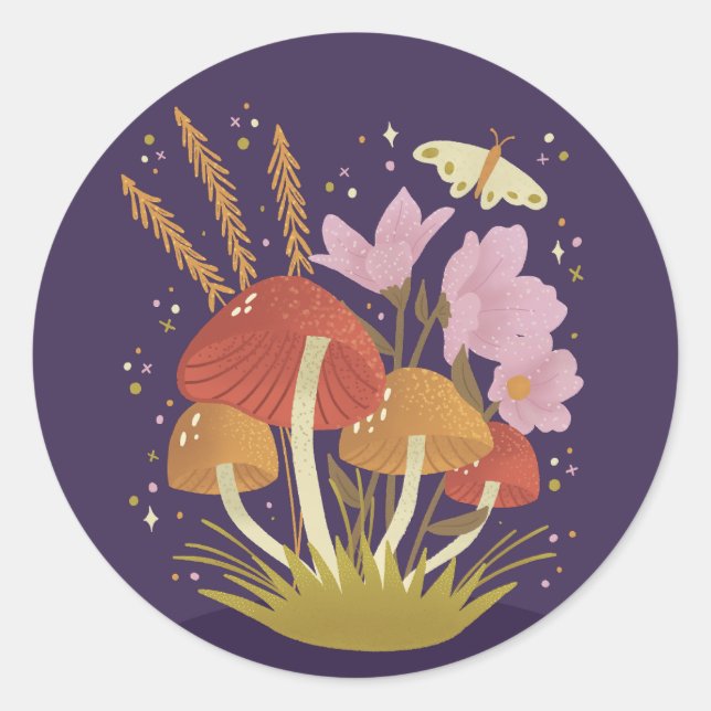 Adesivo Redondo Ilustração Floral de Cogumelos Woodland (Frente)