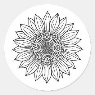 Adesivo Redondo Ilustração Floral de Girassol em Linha