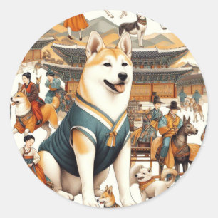 Adesivo Redondo Ilustração Isolada De Cachorro Coreano Vintage