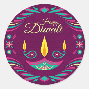 Adesivo Redondo Ilustração lisa da vela roxa feliz de Diwali