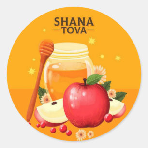 Adesivo Redondo Ilustração Moderna de Shana Tova com Maçãs e Mel