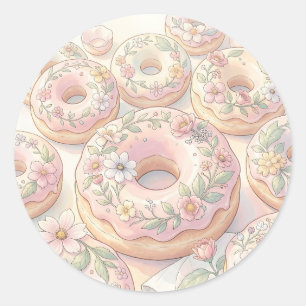 Adesivo Redondo Ilustração Pastel de Donuts Rosa Floral