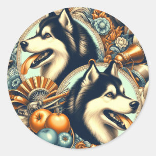 Adesivo Redondo Ilustração Retro Siberian Husky
