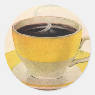 Adesivo Redondo Ilustração Vintage Café em uma Xícara Amarela