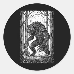 Adesivo Redondo Ilustração Vintage de Lobisomem Halloween Horror