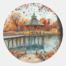 Adesivo Redondo Ilustração Vintage Gazebo Lake