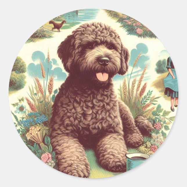 Adesivo Redondo Ilustração Vintage Lagotto Romagnolo (Frente)