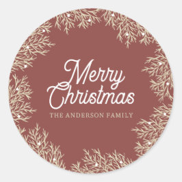 Adesivo Redondo ilustración hojas abeto corona de Navidad rojo