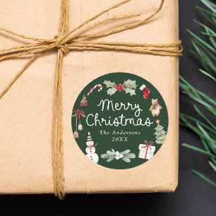 Adesivo Redondo Ilustrações em Aquarela Fofas Natal Verde