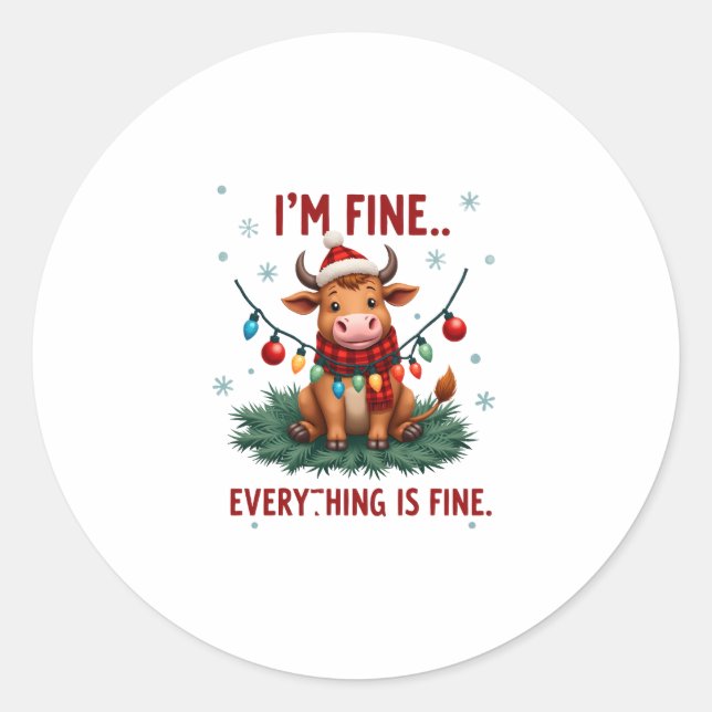 Adesivo Redondo I'm Fine Everything is Fine Christmas Highland Cow (Frente)